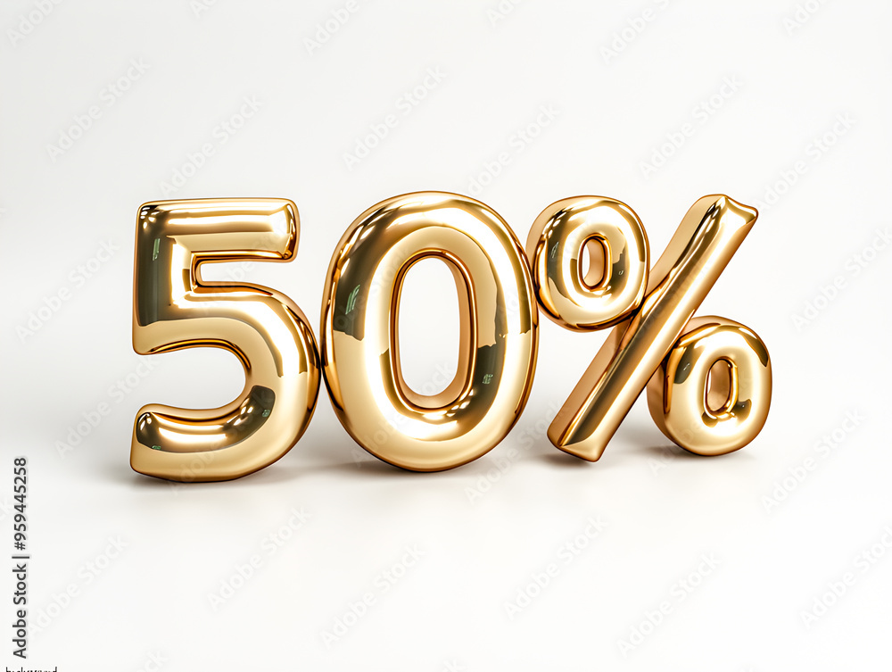 50% off symbol in 3D gold color on white background. Highlighted with metallic design 50% off symbol in 3D gold color on white background. Highlighted with metallic design