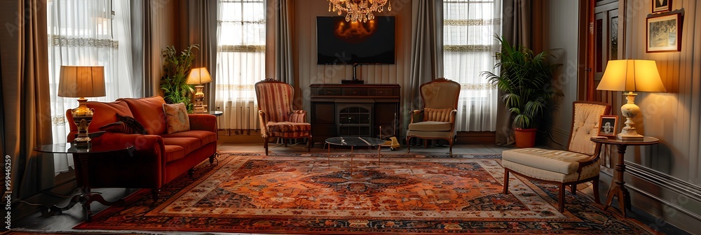 Timeless TV Lounge in a Historic Home Showcasing Classic Furniture, a Vintage Rug, and Warm Lighting from a Brass Chandelier Timeless TV Lounge in a Historic Home Showcasing Classic Furniture, a Vintage Rug, and Warm Lighting from a Brass Chandelier