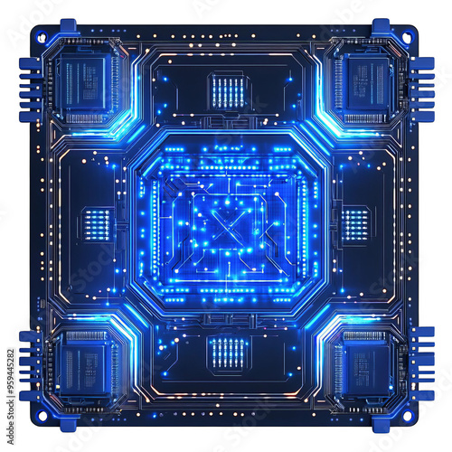 Futuristic microchip with glowing blue circuits, representing advanced technology and artificial intelligence in digital electronics.