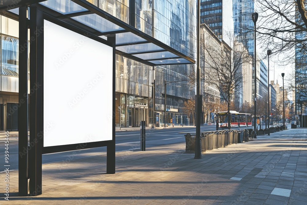 Blank billboard on a bus stop in a city street. Blank billboard on a bus stop in a city street.