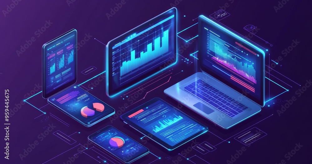 A laptop, tablet, and phone displaying graphs and data, indicating analysis, progress, and digital information. A laptop, tablet, and phone displaying graphs and data, indicating analysis, progress, and digital information.