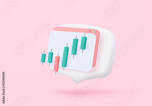 3D stock trading graph report for statistic market in bubble icon. Sell and buy money cash and exchange with finance business, analyzing investment. 3d bank trading icon vector render illustration