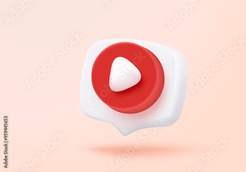 3d social media video player in speech bubble. Red round play buttons for start multimedia with simplicity colorful video concept, audio playback. 3d watch buttons icon vector rendering illustration