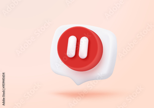 3d social media video player in speech bubble. Red round pause buttons for start multimedia with simplicity colorful video concept, audio playback. 3d watch buttons icon vector rendering illustration