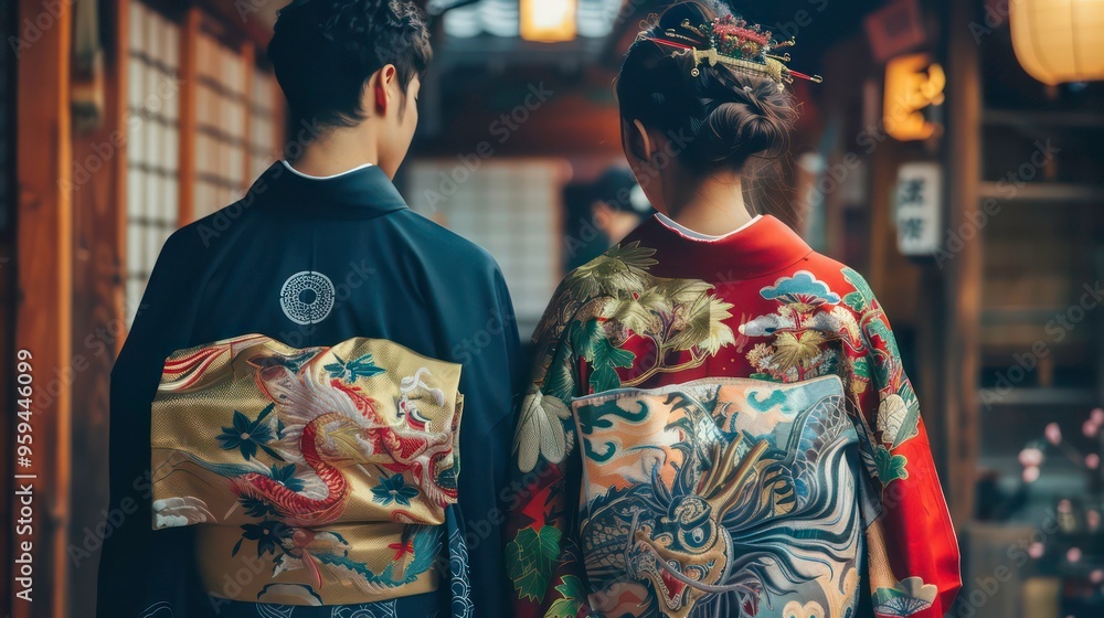 A couple in traditional Japanese attire, standing back-to-back, with intricate designs on their kimonos. The woman's kimono is red with gold and green floral patterns. A couple in traditional Japanese attire, standing back-to-back, with intricate designs on their kimonos. The woman's kimono is red with gold and green floral patterns.