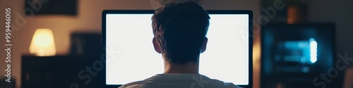 Freelance Freedom: Over-the-Shoulder View of Young Man Using Laptop with Blank Screen at Home. Abstract Marketing Visual Celebrating Remote Work, Labor Day, and Cultural Inclusivity. End-of-Season Pro photo