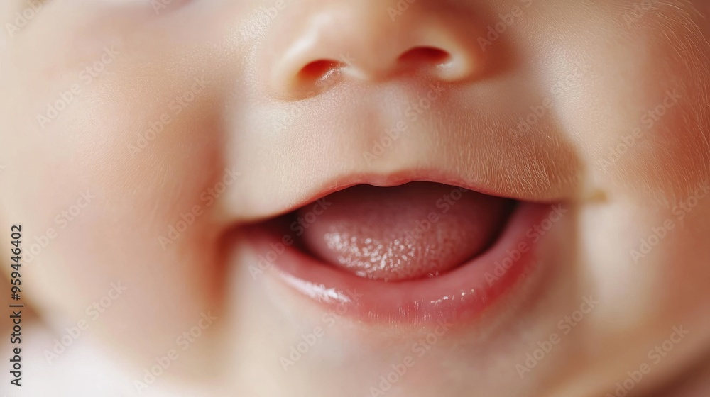 Obraz premium Tender Close-up of Newborn's Mouth and Nose in Soft Natural Lighting on Neutral White Background
