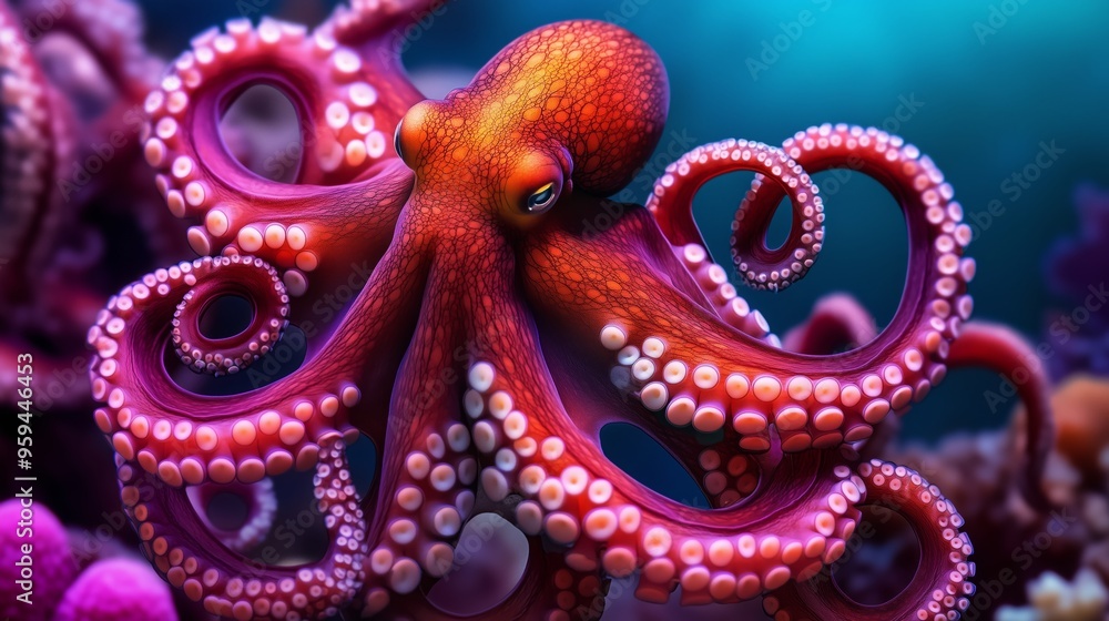 Close-up of a vibrant red octopus with extended tentacles, displaying its textured skin and suckers in a colorful coral reef. Close-up of a vibrant red octopus with extended tentacles, displaying its textured skin and suckers in a colorful coral reef.