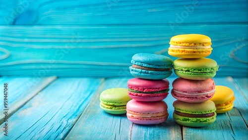 Blue table with two piles of colorful macaroons photo