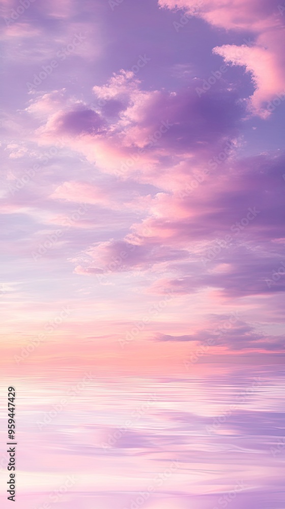 A serene sunset sky with soft purple and pink clouds reflecting on calm waters, creating a tranquil and dreamy atmosphere. A serene sunset sky with soft purple and pink clouds reflecting on calm waters, creating a tranquil and dreamy atmosphere.