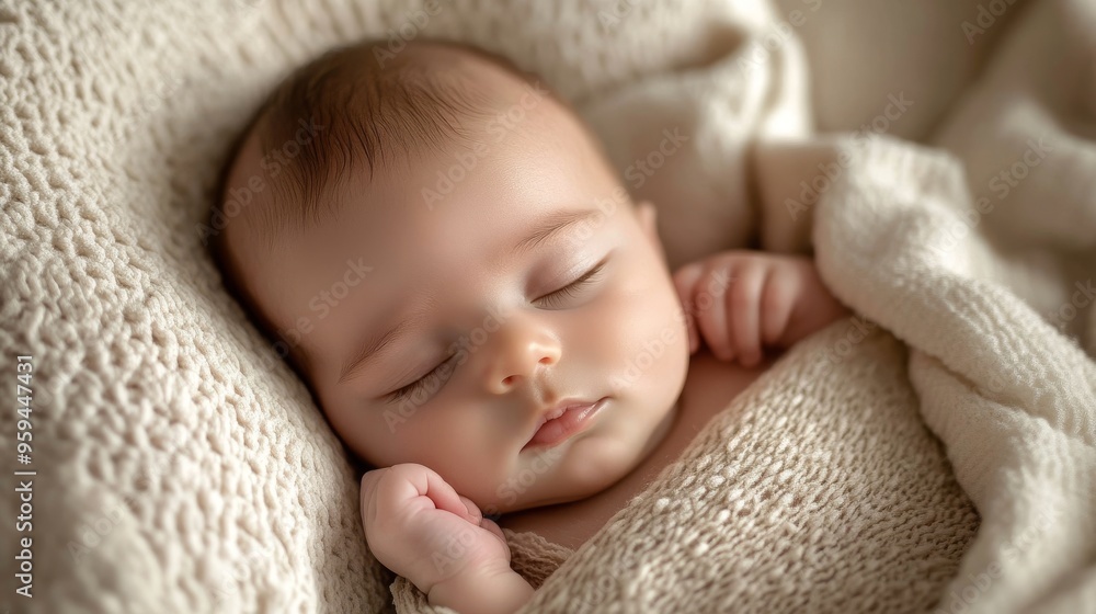 Serene Newborn Baby Wrapped in Neutral-Toned Blanket with Soft Natural Light and Minimalistic Background Close-Up Portrait Serene Newborn Baby Wrapped in Neutral-Toned Blanket with Soft Natural Light and Minimalistic Background Close-Up Portrait