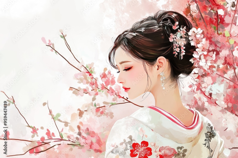 Fototapeta premium A serene woman in a kimono surrounded by cherry blossoms, capturing the essence of beauty and tranquility in nature.