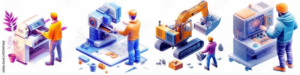 Technicians and engineers operating a variety of machinery including a 3D printer, CNC machine, and an excavator for construction and manufacturing tasks. Technicians and engineers operating a variety of machinery including a 3D printer, CNC machine, and an excavator for construction and manufacturing tasks.