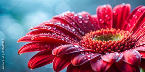 Close-up of a red flower with water drops on its petals against a blurred background
