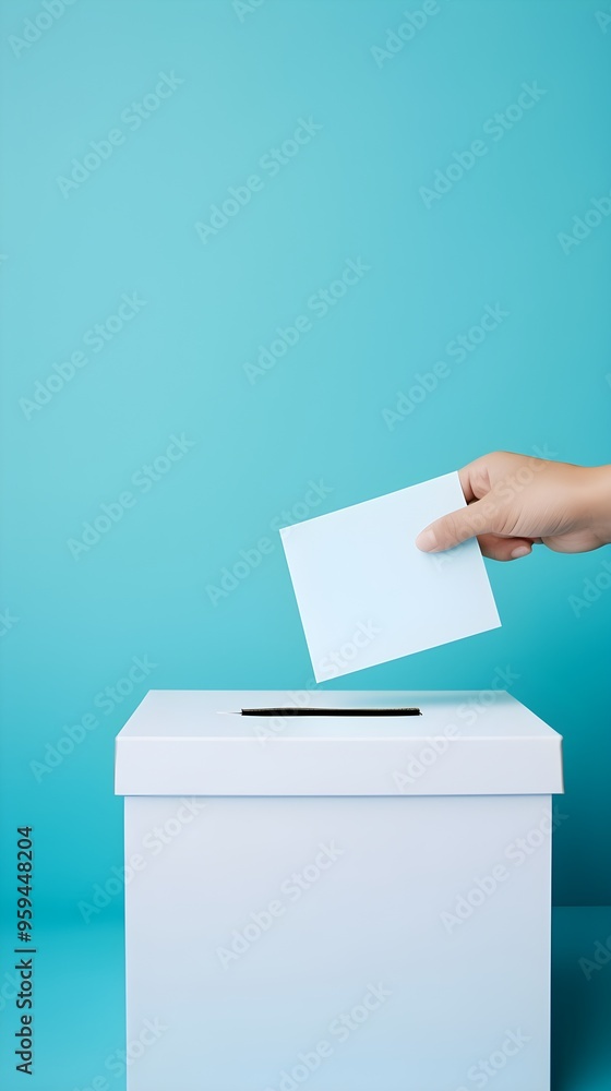 Hand Putting Ballot in Election Box on Blue Background Hand Putting Ballot in Election Box on Blue Background