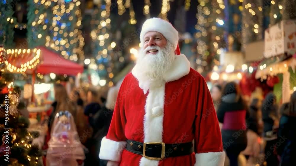 Santa Claus walking through a Christmas fair with many lights Santa Claus walking through a Christmas fair with many lights
