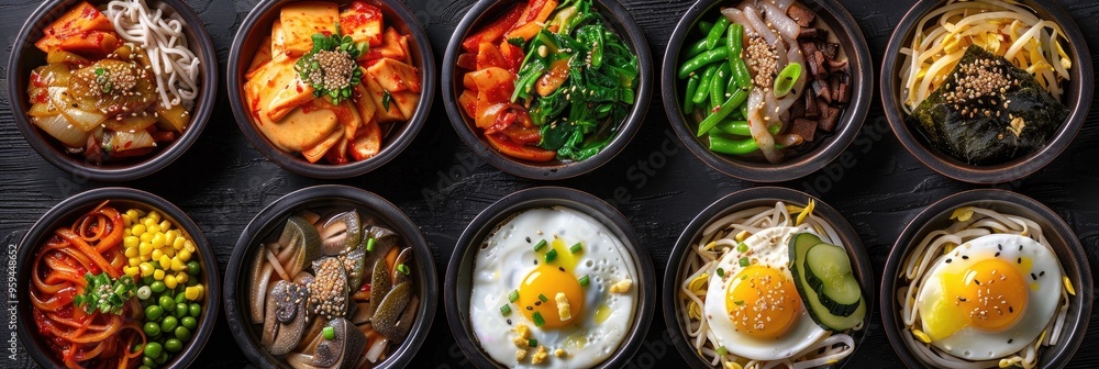 Korean Dishes Including Bibimbap, Stone Pot Soup with Oyster and Chicken, Braised Rice, and Soy Sauce Fried Rice with Eggs Korean Dishes Including Bibimbap, Stone Pot Soup with Oyster and Chicken, Braised Rice, and Soy Sauce Fried Rice with Eggs