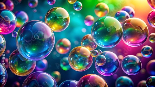 Colorful bubbles floating in the air above a vibrant backdrop with shades of blue, pink, and green