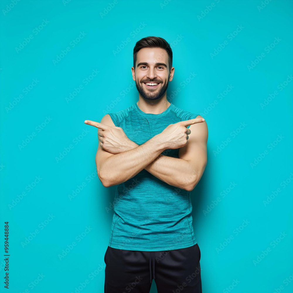Fototapeta premium man Pointing at Something Both sides - Blue Screen