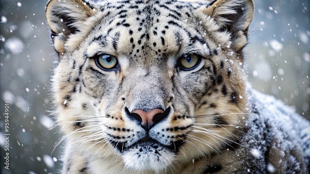Obraz premium Close-up of a snow leopard's face covered in snowflakes