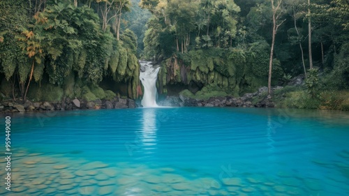 Tropical Waterfall in Indonesia. Captivating nature scene with a fresh mountain river vibrant jungle