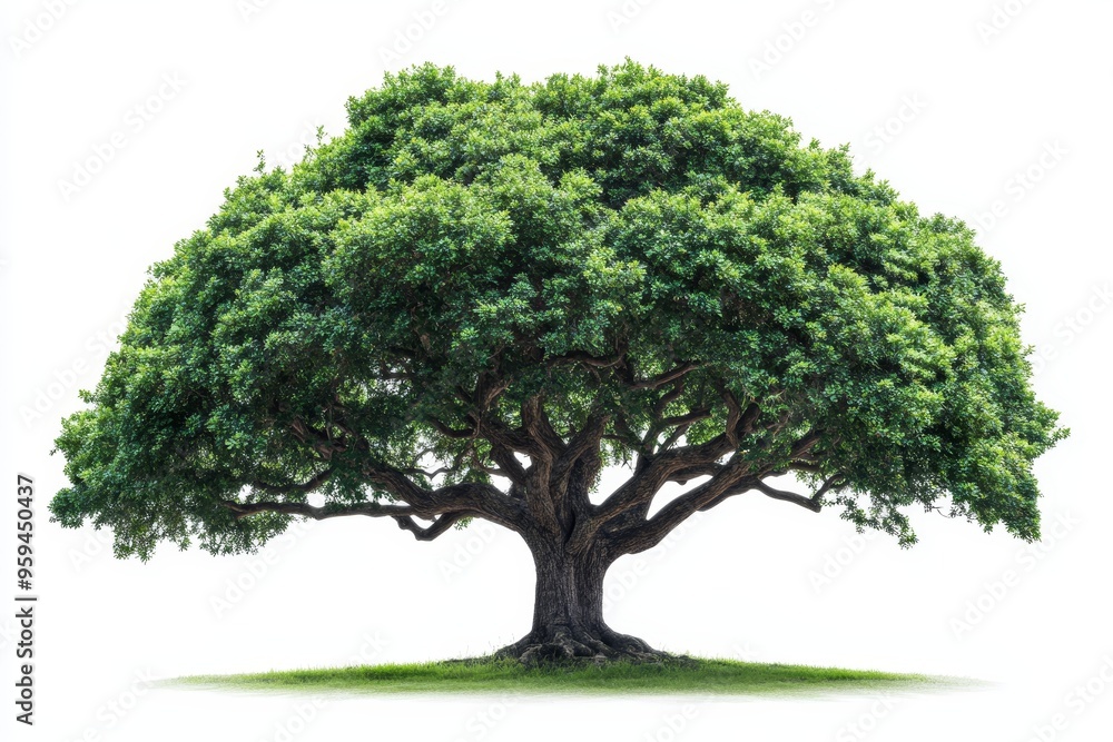 A large, green tree with thick branches and a wide canopy stands on a grassy patch against a white background. A large, green tree with thick branches and a wide canopy stands on a grassy patch against a white background.