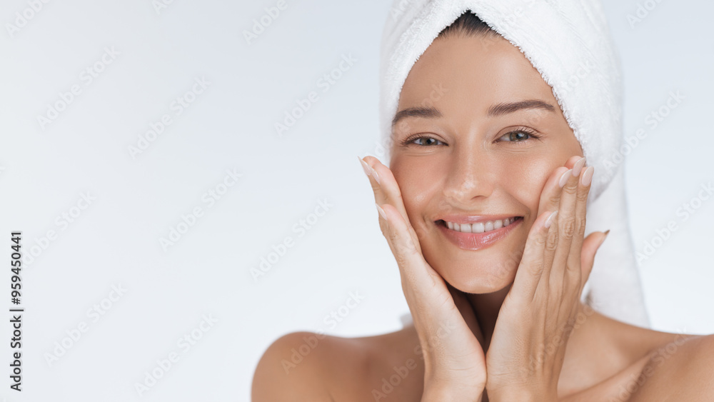 Smiling Woman with Towel Turban Gently Touching Face After Skincare Routine Smiling Woman with Towel Turban Gently Touching Face After Skincare Routine