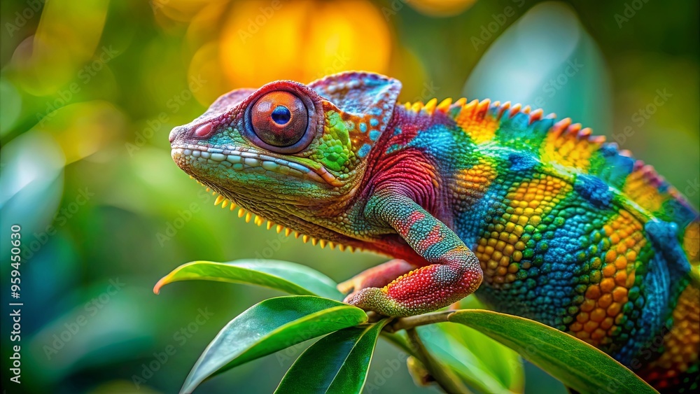 Fototapeta premium Vibrant chameleon perched on leaf with blurred background