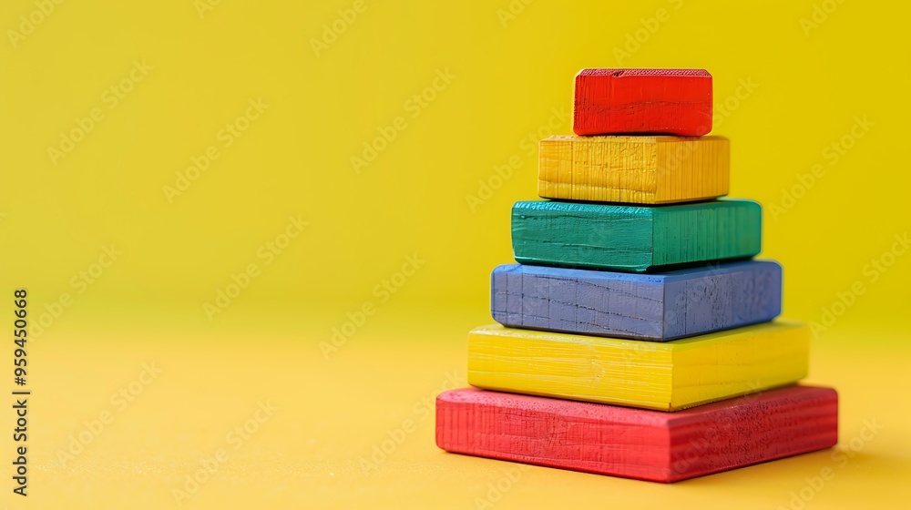Multi colored wooden toy pyramid stands on yellow background Multi colored wooden toy pyramid stands on yellow background