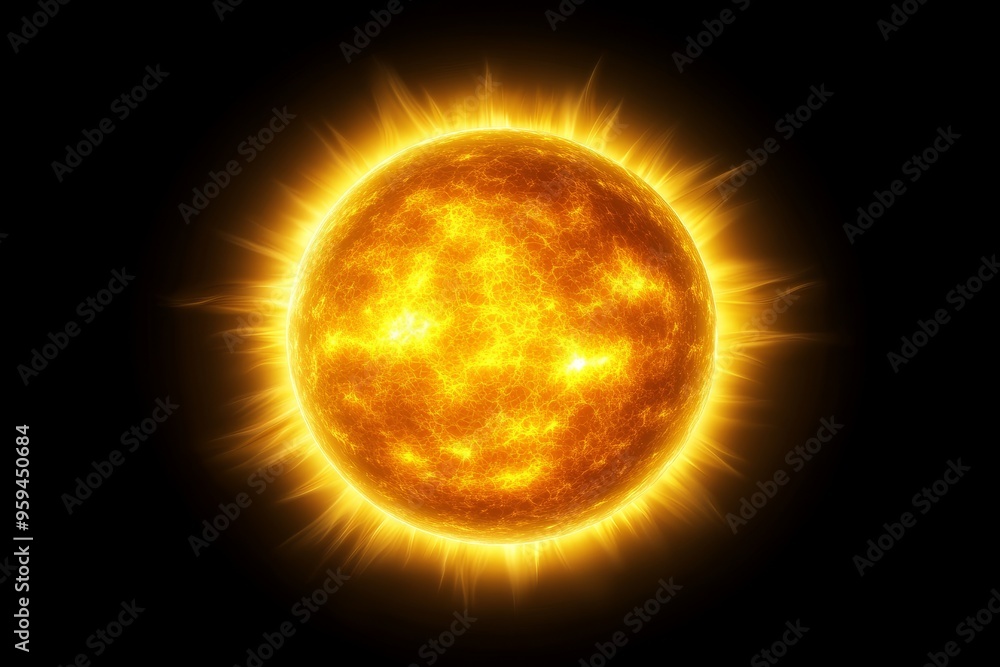 A bright yellow sun with radiating rays against a black background. A bright yellow sun with radiating rays against a black background.