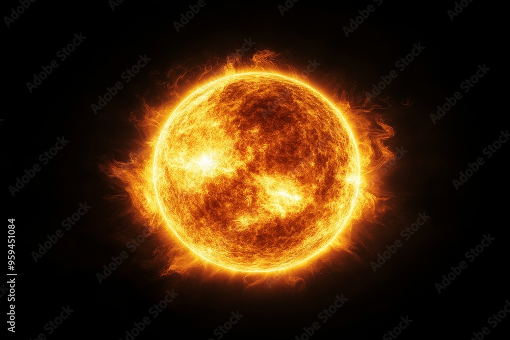 A close-up of the sun, a bright, yellow ball of fire in the dark sky. A close-up of the sun, a bright, yellow ball of fire in the dark sky.