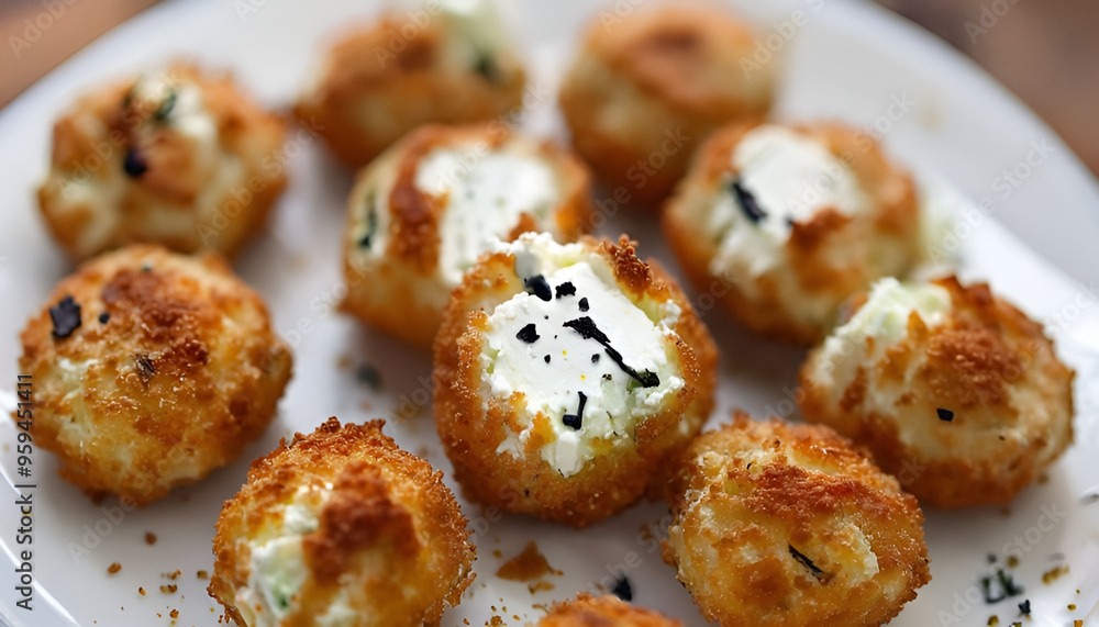 A platter of golden-brown, bite-sized appetizers, each topped with a dollop of creamy goat cheese and fresh rosemary.
A platter of golden-brown, bite-sized appetizers, each topped with a dollop of creamy goat cheese and fresh rosemary.