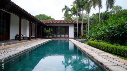 Wallpaper Mural A serene poolside view featuring lush greenery and modern architecture, perfect for relaxation and tranquil escapes. Torontodigital.ca