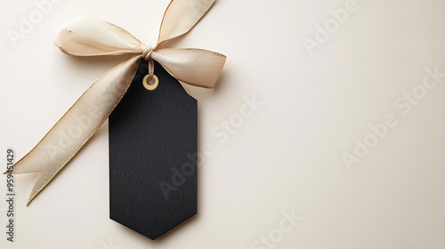 A minimalistic black gift tag adorned with a cream-colored ribbon sits on a neutral background, evoking simplicity and elegance for any special occasion.