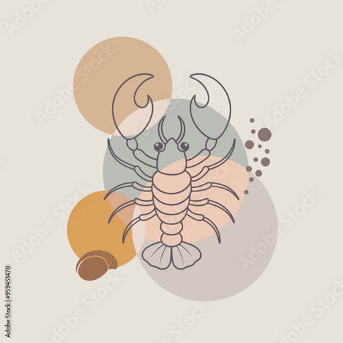 Lobster or crayfish drawn by graphic lines on blobs background. Seafood shop logo, signboard, restaurant menu, fish market, banner, poster design template. Fresh seafood or shellfish product.