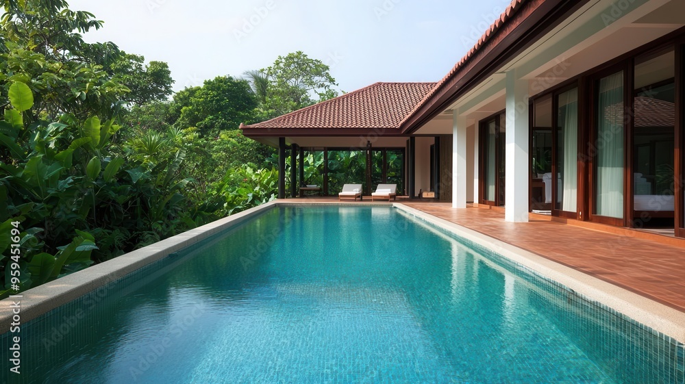 Fototapeta premium Luxurious villa with a private pool surrounded by lush greenery, offering a perfect getaway for relaxation and tranquility.