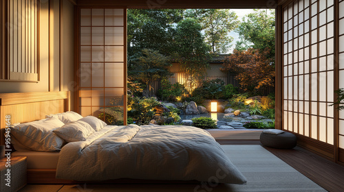 Minimalistic bedroom with wooden accents and a large window, offering a picturesque view of a lush Japanese garden bathed in natural daylight.