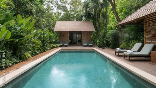 Serene pool surrounded by lush greenery and modern design, perfect for relaxation and rejuvenation in a tranquil setting.