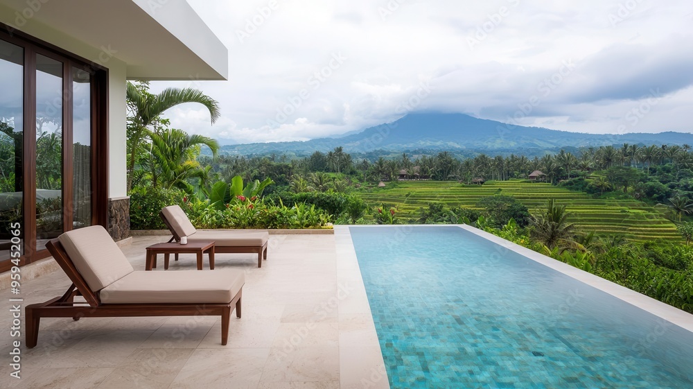 Fototapeta premium Serene villa poolside view with lounge chairs overlooking lush green landscape and distant mountains under a cloudy sky.