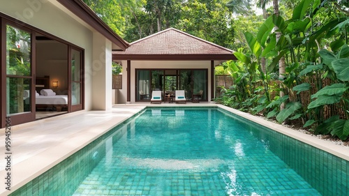 Wallpaper Mural Serene tropical villa with a private pool surrounded by lush greenery, perfect for relaxation and luxury getaway. Torontodigital.ca