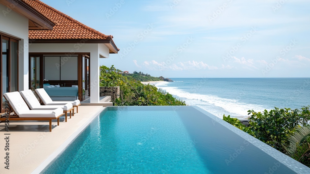 Fototapeta premium Stunning tropical villa with infinity pool overlooking serene ocean view, perfect for relaxation and luxury vacation.