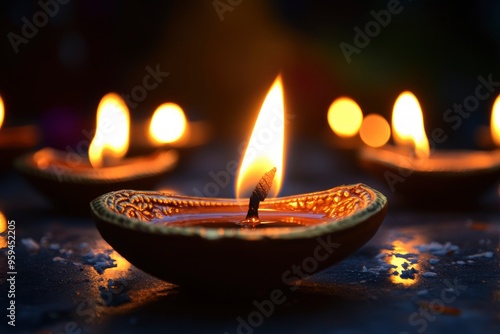 Diwali, Hindu festival of lights celebration. Diya oil lamps against dark background with generative ai