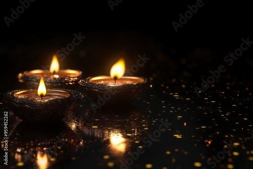 Diwali, Hindu festival of lights celebration. Diya oil lamps against dark background with generative ai