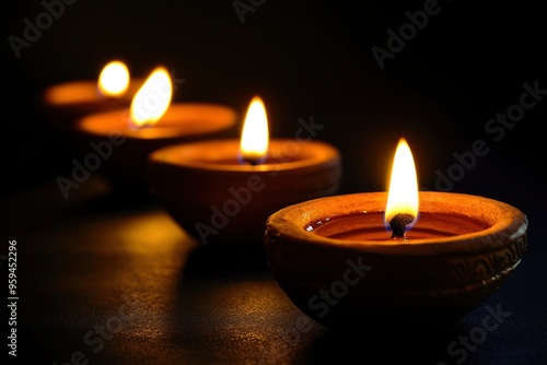 Diwali, Hindu festival of lights celebration. Diya oil lamps against dark background with generative ai