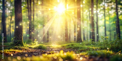 Soft and dreamy bokeh effect of sunbeams illuminating the forest floor