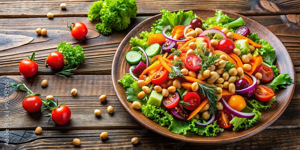 A colorful salad with carrots, chickpeas, lettuce, and tomatoes displayed on a rustic wooden table A colorful salad with carrots, chickpeas, lettuce, and tomatoes displayed on a rustic wooden table