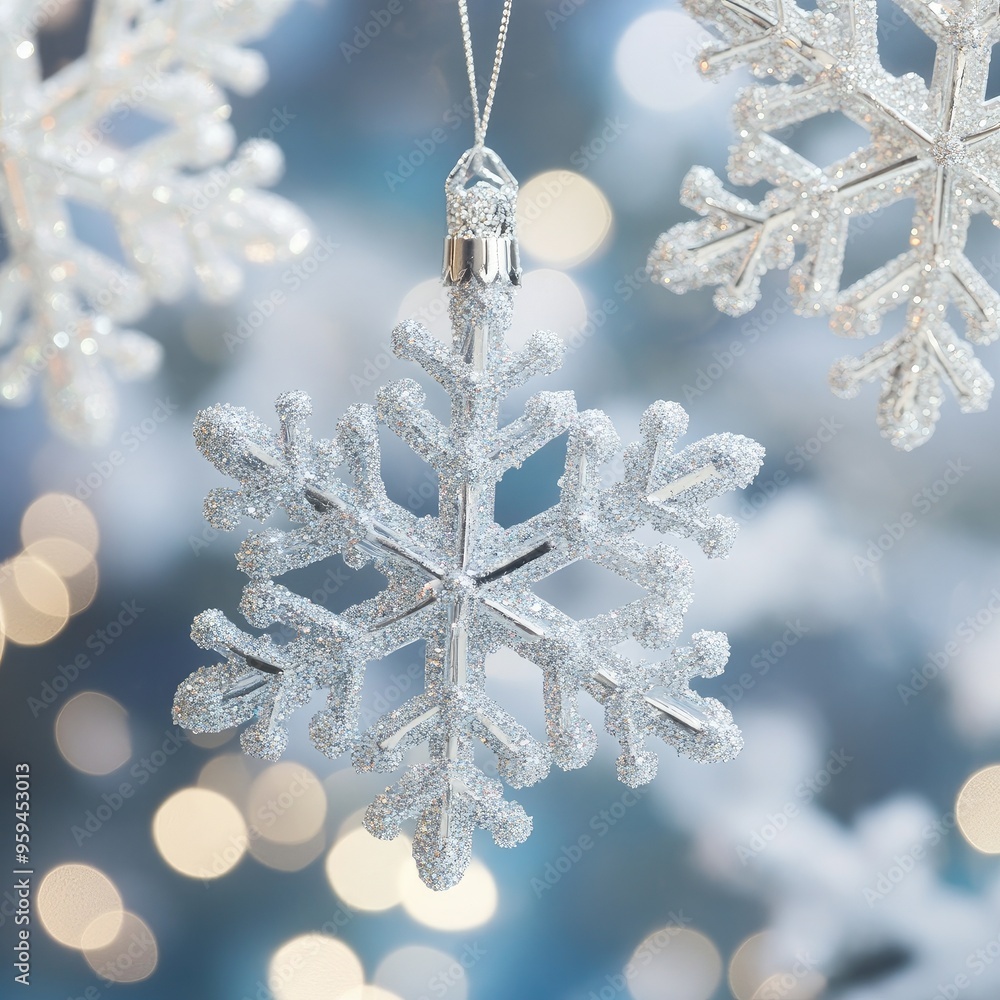A sparkling snowflake ornament hangs delicately, adding a touch of winter magic to the festive atmosphere. A sparkling snowflake ornament hangs delicately, adding a touch of winter magic to the festive atmosphere.