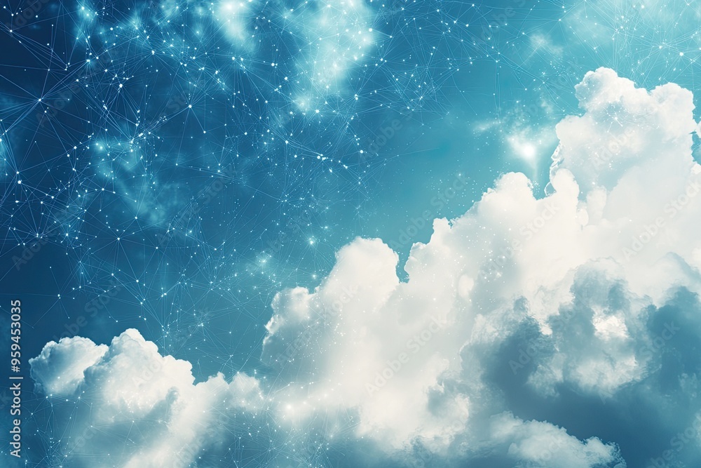 A stunning view of fluffy clouds against a vibrant blue sky, enhanced by twinkling stars and atmospheric patterns. A stunning view of fluffy clouds against a vibrant blue sky, enhanced by twinkling stars and atmospheric patterns.