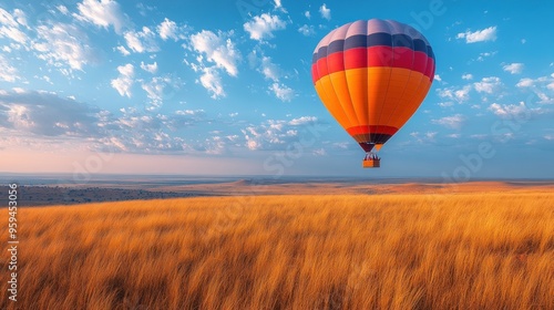 Colorful hot air balloon floating over a golden grass landscape.