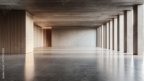 Modern Architectural Interior with Concrete Columns and Wood Paneling